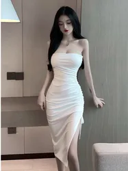 2023 Summer Women's Sexy Temperament Pleated Wrapped Chest backless Tight Solid Color Wrap buttocks Split Mid length Dress CAQM
