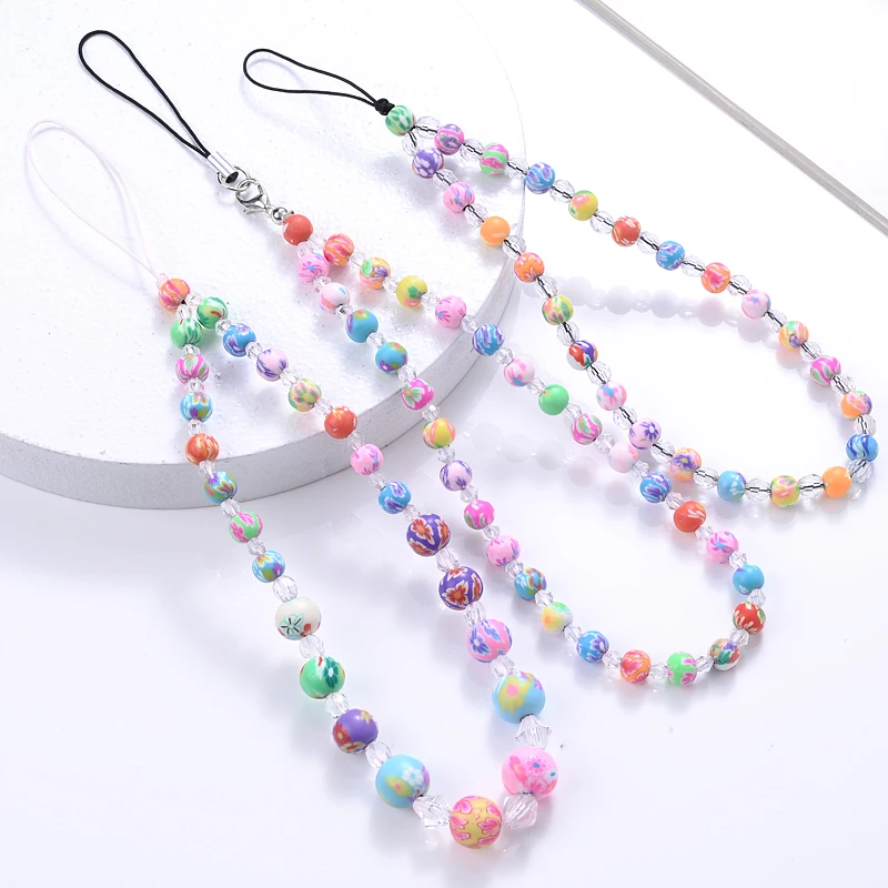 

New Mixed Color Round Colorful Beads Fashion Acrylic Mobile Phone Chain For Lanyard Hanging Chain Women Telephone Anti-Lost Gift