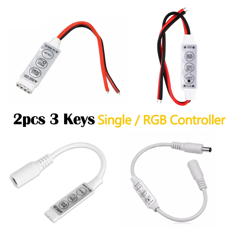 2PCS DC 12V 24V Mini 3 Keys Single Color Dimmer RGB LED Controller Brightness Dimmer Switch for LED 5050 3528 5630 Strip Light