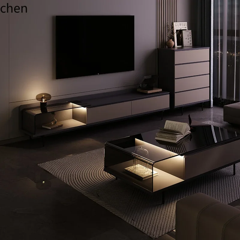 HT  minimalist floor TV cabinet coffee table combination creative high-end living room cabinet with curved glass