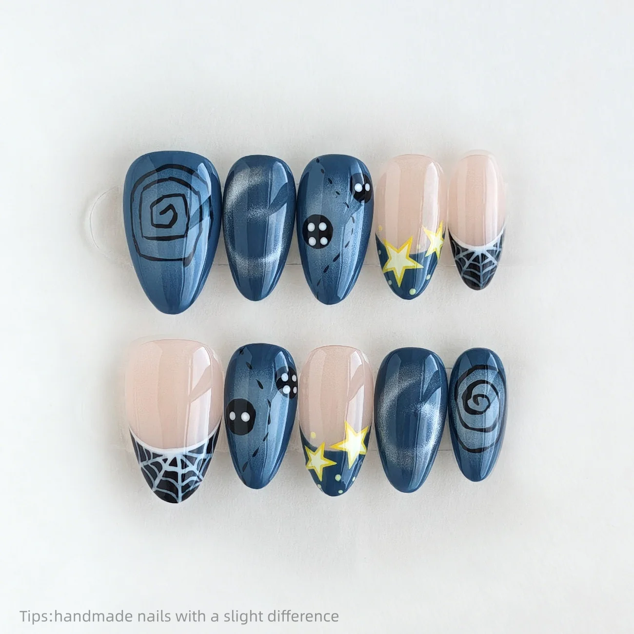 

10pcs Handmade Blue Black Star Moon Spider Web Press On Nails Almond Short Punk Trendy Fake Nails Cat Eye Decor False Nail