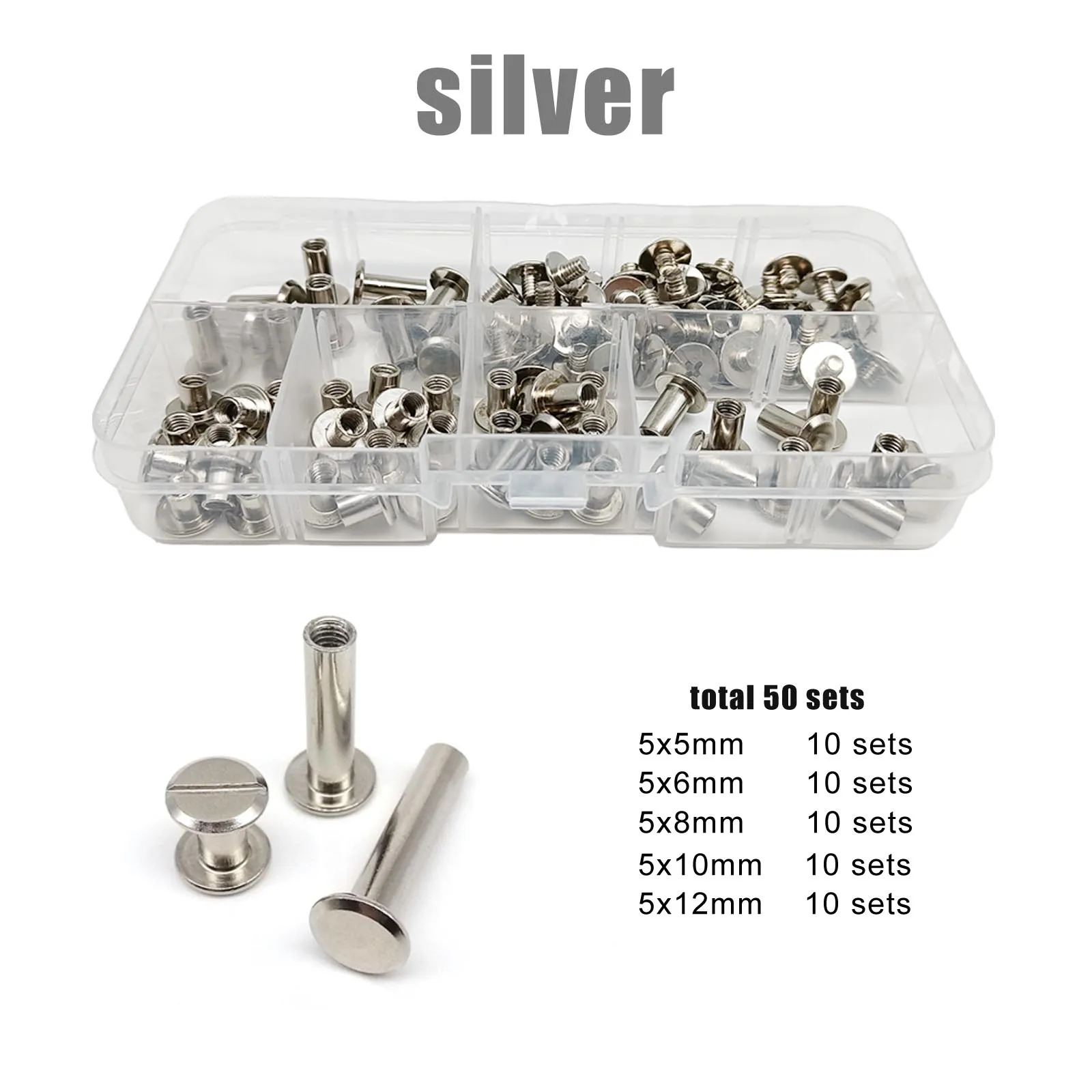 50 Set Rivet Chicago Screw Post Binding Nail Mix Size Kit Box for Leather Bag Belt Strap Photo Scrapbook Album Account Book Iron