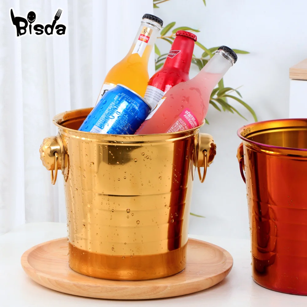 Stainless Steel Ice Bucket Gold Ice Holder Container With Scoops Whiskey Beer Ice Chiller Cooler Bar Tool For Party