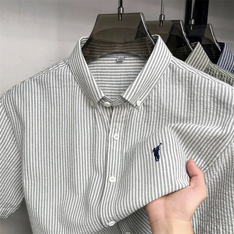 100% cotton short sleeve men's shirt luxury brand high-end pony embroidery fashion plaid summer new youth casual Paul lapel top