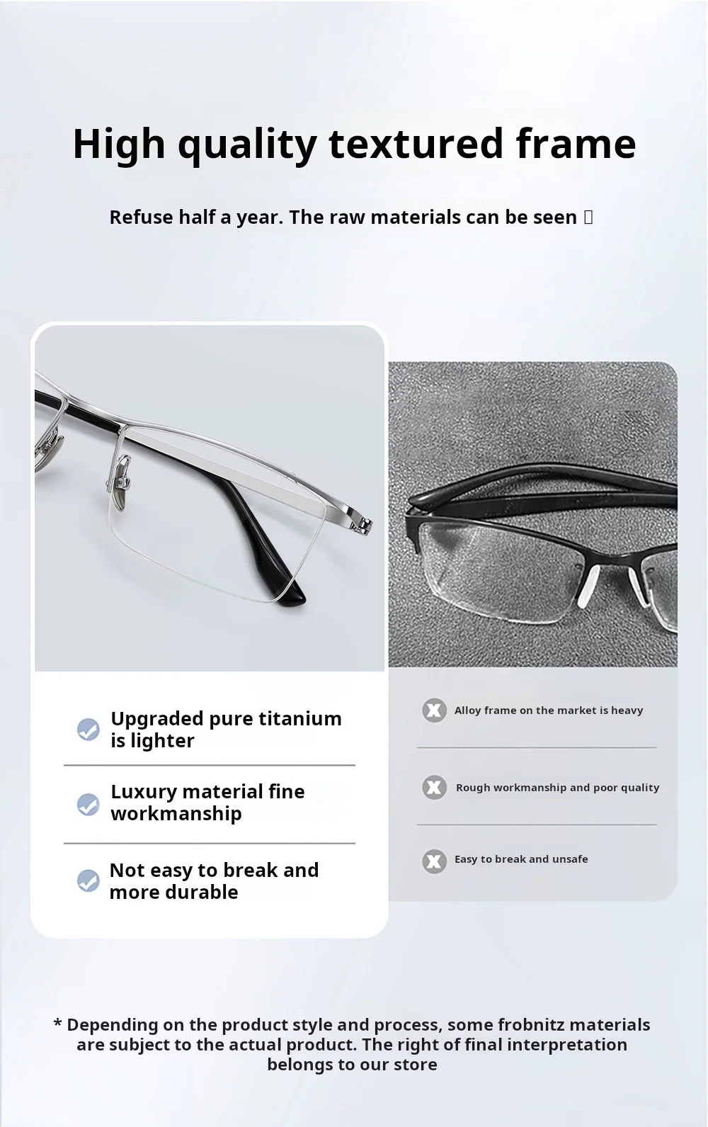 YIMARUILI Business-Halbrahmenbrille für Herren, ultraleicht, hochwertiges reines Titan, große Größe, einfacher quadratischer Brillenrahmen 20013 – Detail 2