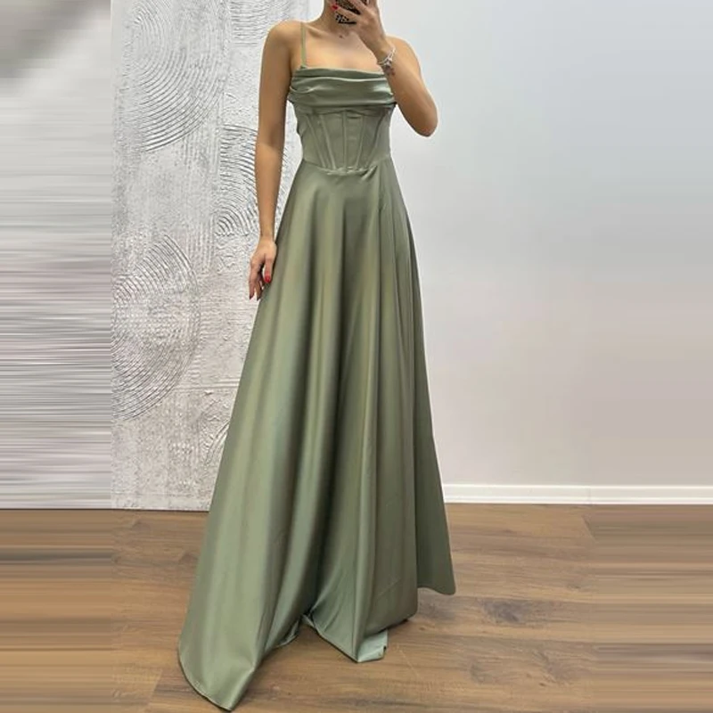 Abito elegante con bretelle drappeggiato con spalle scoperte Abiti slim solidi senza maniche sexy senza maniche Abito da festa lungo in raso a vita alta