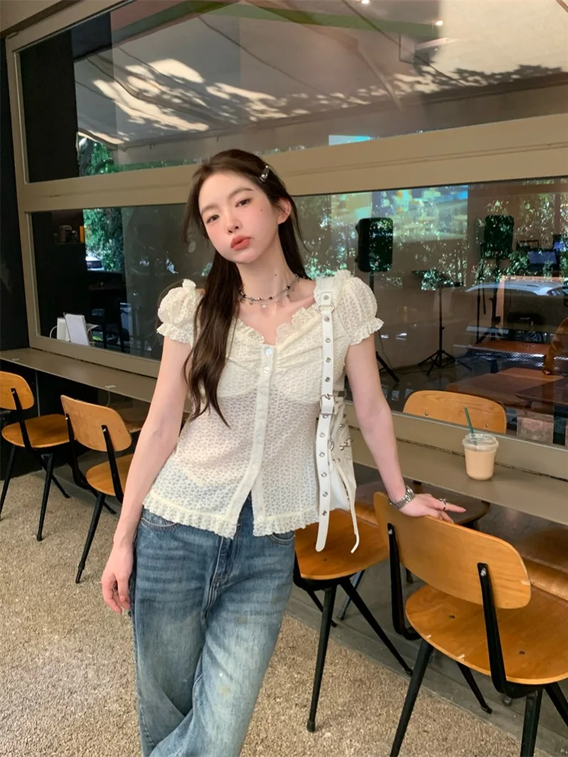 French sle Temperament Off-shoulder Lace blouse Women clothes Summer Puff sleeve Shirt Short Top