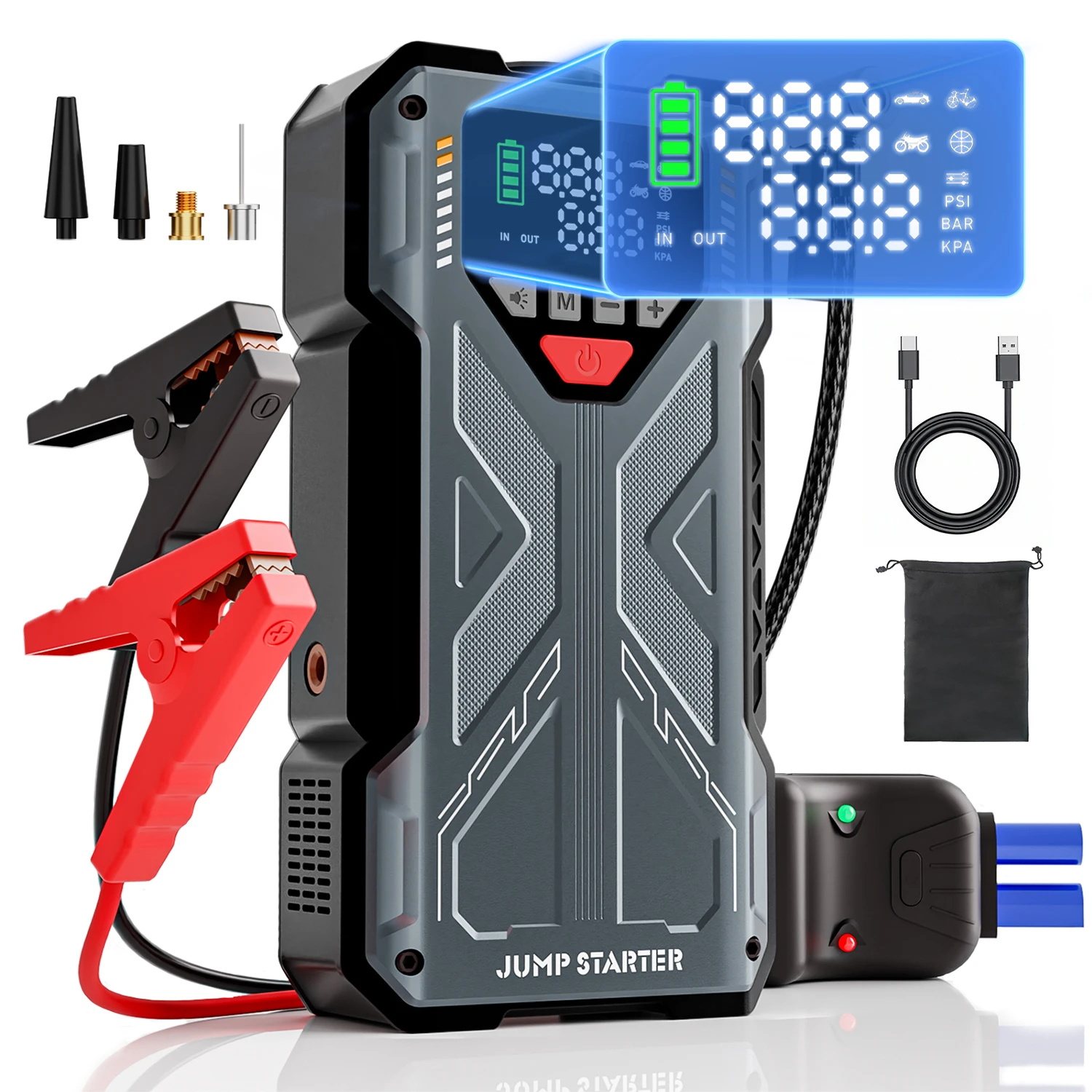 

Jump Starter With Air Compressor, Car Jump Starter Power Bank 5000A Peak 12V (7.5LPetrol/6.0l Diesel), UsB Fast Charging, Car Ba