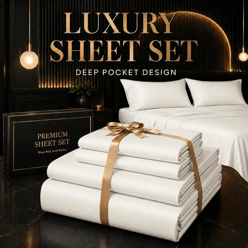 3/4pcs Bamboo Cooling Bed Sheet Set with Pillowcases, 16' Deep Pockets Soft Breathable Fitted Sheet, Queen King Size Bed Sheets, Bedroom Home Decor Bedding for Daily Use