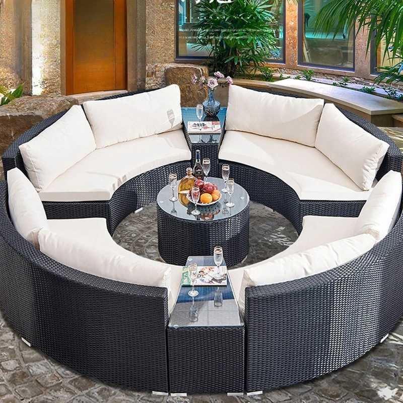 Rattan sofa table and chairs outdoor semi-circular outdoor casual rattan curved rattan chair combination