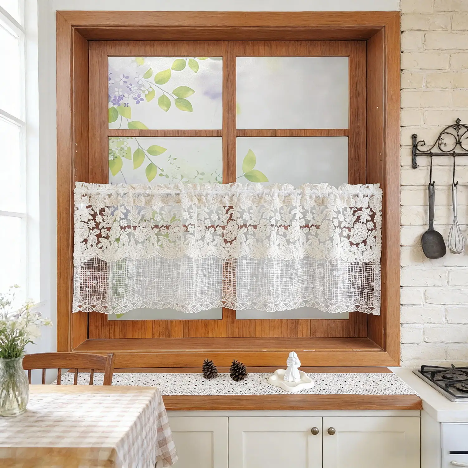 Beige bestickte florale Spitzen-Volantgardine für Küche, Vintage-Fenstervorhänge, Tür- und Schrankteiler, Hintergrunddeko