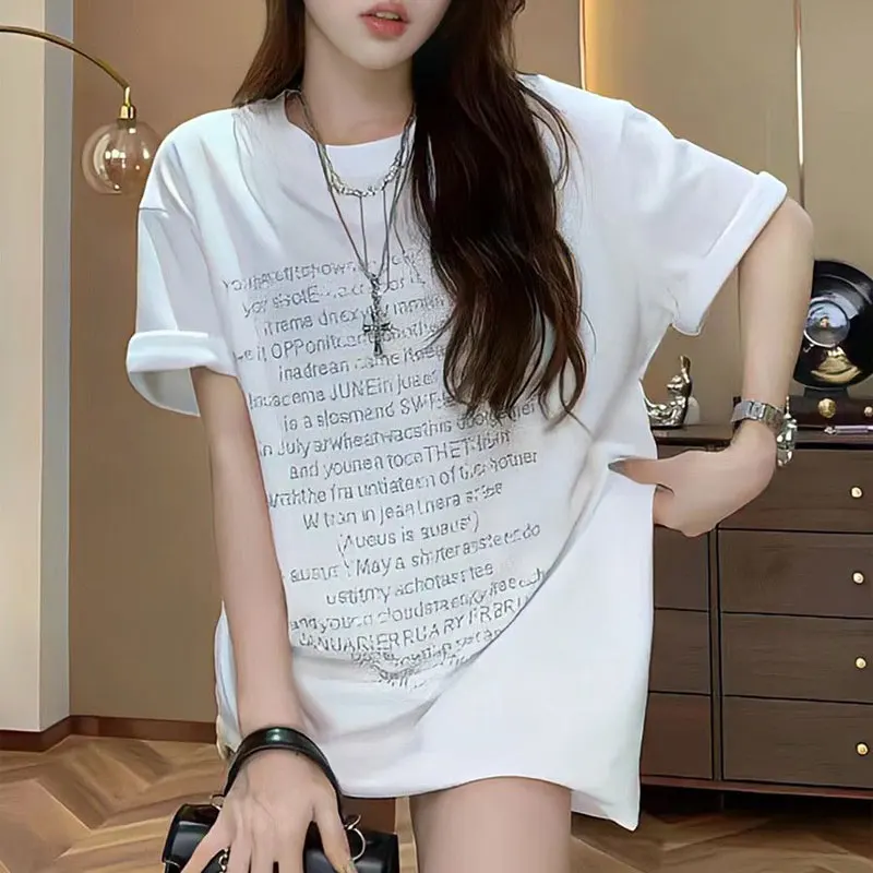 Summer Korean Letter Diamonds Pullovers Female Clothing Stylish Short Sleeve Commute Casual Round Neck Loose All-match T-shirt