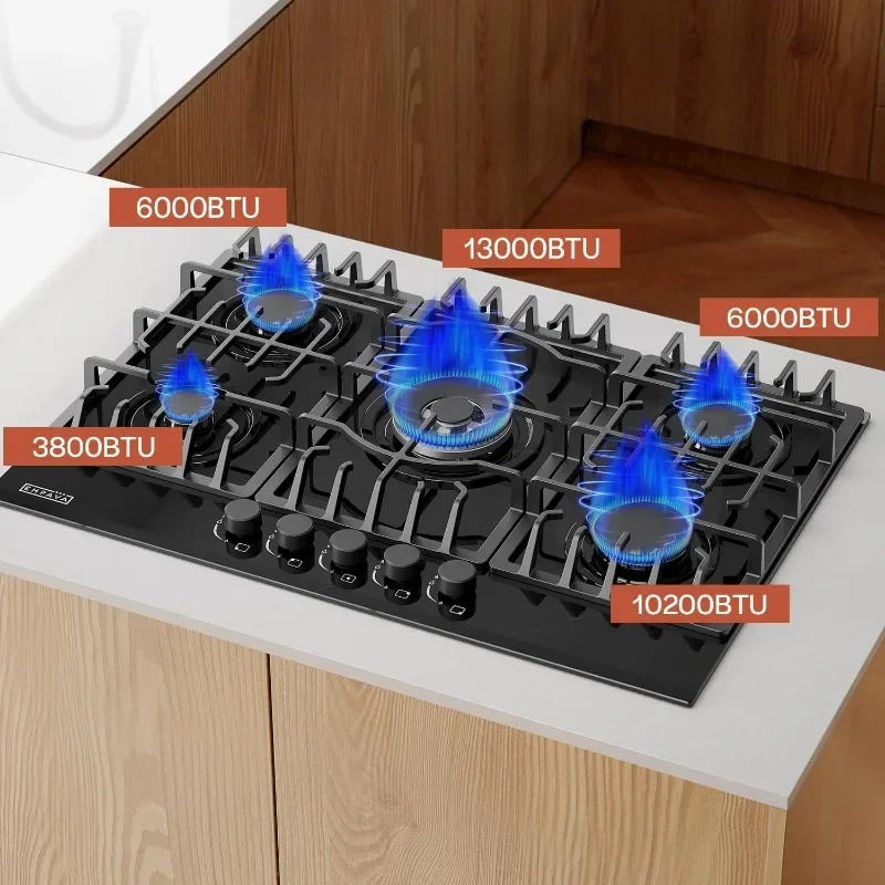 Empava 30 pulgadas. Estufa de gas Cooktop 5 Italia Sabaf Quemadores sellados NG/GLP Convertible en vidrio templado negro, 30 pulgadas