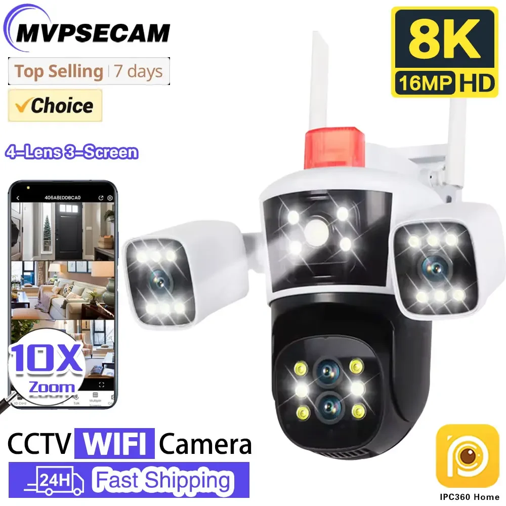 

16MP 8K WiFi Security Cameras Four Len Three Screens 10X Zoom Outdoor PTZ Video Cam Auto Tracking 6K Waterproof Surveillance Cam