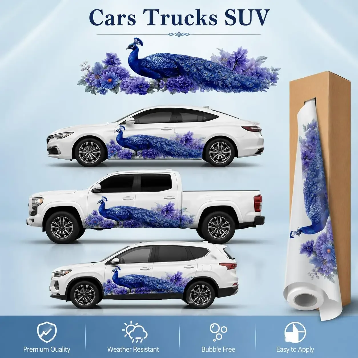 2PCS Blue Peacock Purple Flowers Car Side Decals, Waterproof UV Resistant Vinyl Stickers for Cars Trucks SUV,