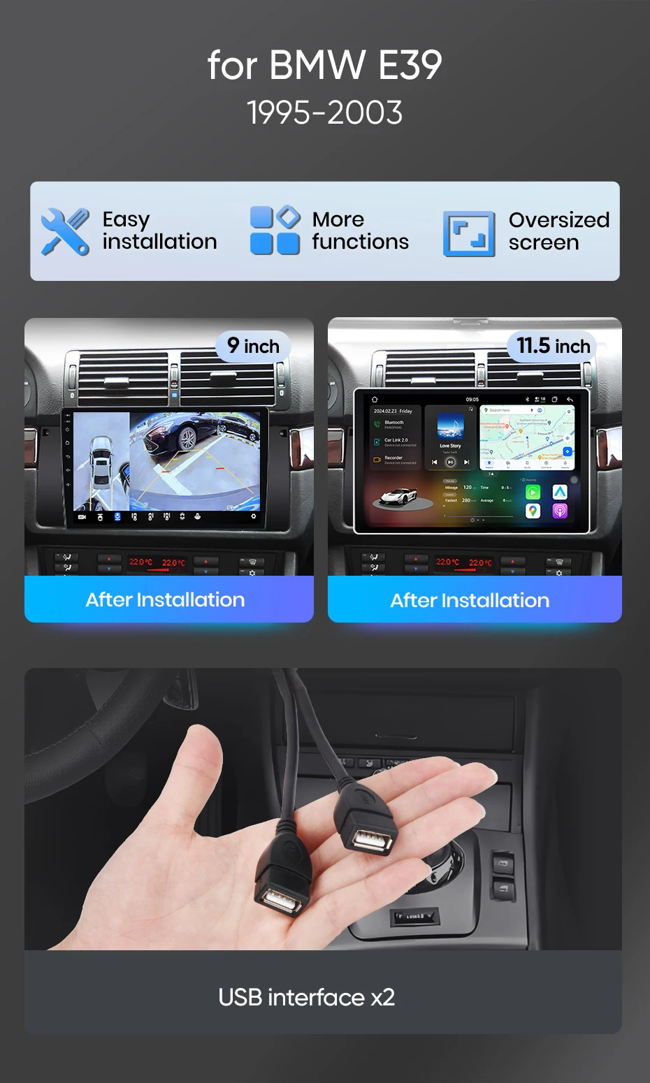 Junsun Android Auto Autoradio für BMW E39 1995 1996 1997 1998 1999 2000 2001 2002 2003 Multimedia Wireless Apple CarPlay Smart Intelligent Systems IPS Touchscreen Stereo Video Player 2 Din Autoradio Head Unit Navigation BT GPS 4G WIFI FM AM DSP RDS SWC – Detail 4