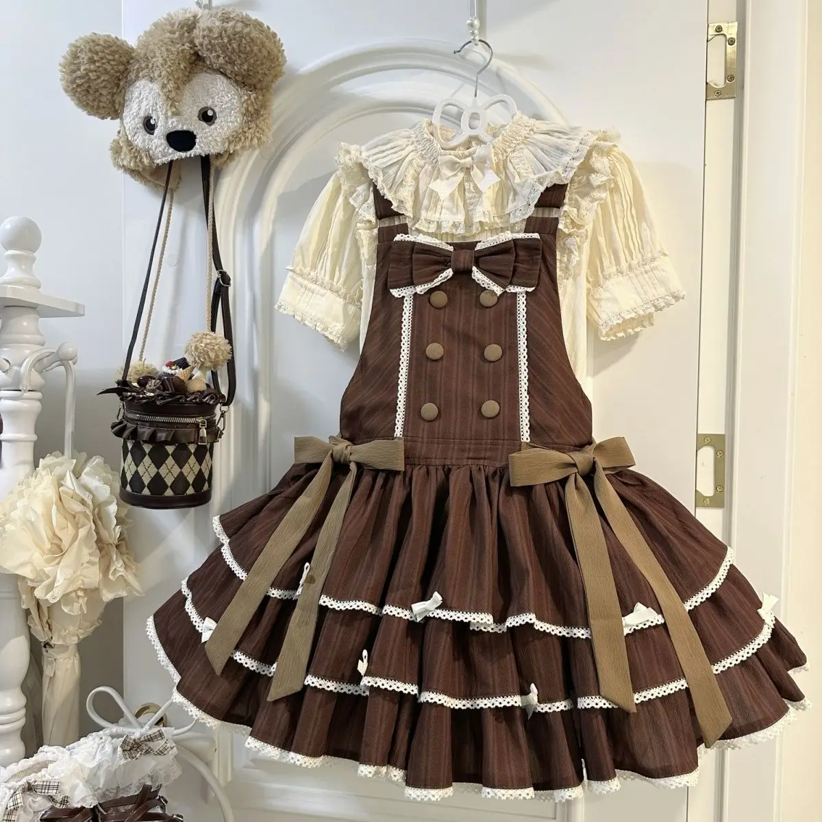 Coalfell Original Lolita Gonna con cinturino carino a righe al cioccolato Abito estivo Jsk in cotone a tre strati