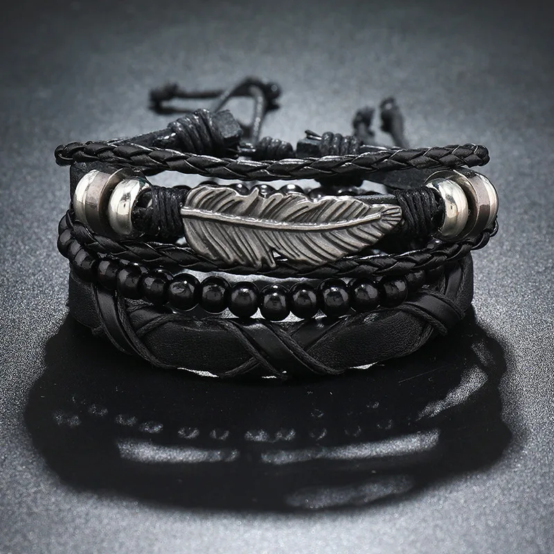 Modyle Multi-layer Gothic Leather Bracelet Set Punk Viantage Wings Charms Handwoven Bracelets for Men Jewelry Gifts