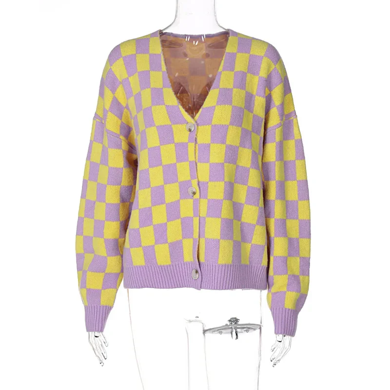 Cardigan Women's Autumn and Winter New 2023 Style V-neck Long-sleeved Single-breasted Knitted Lazy Checkerboard Sweater Women