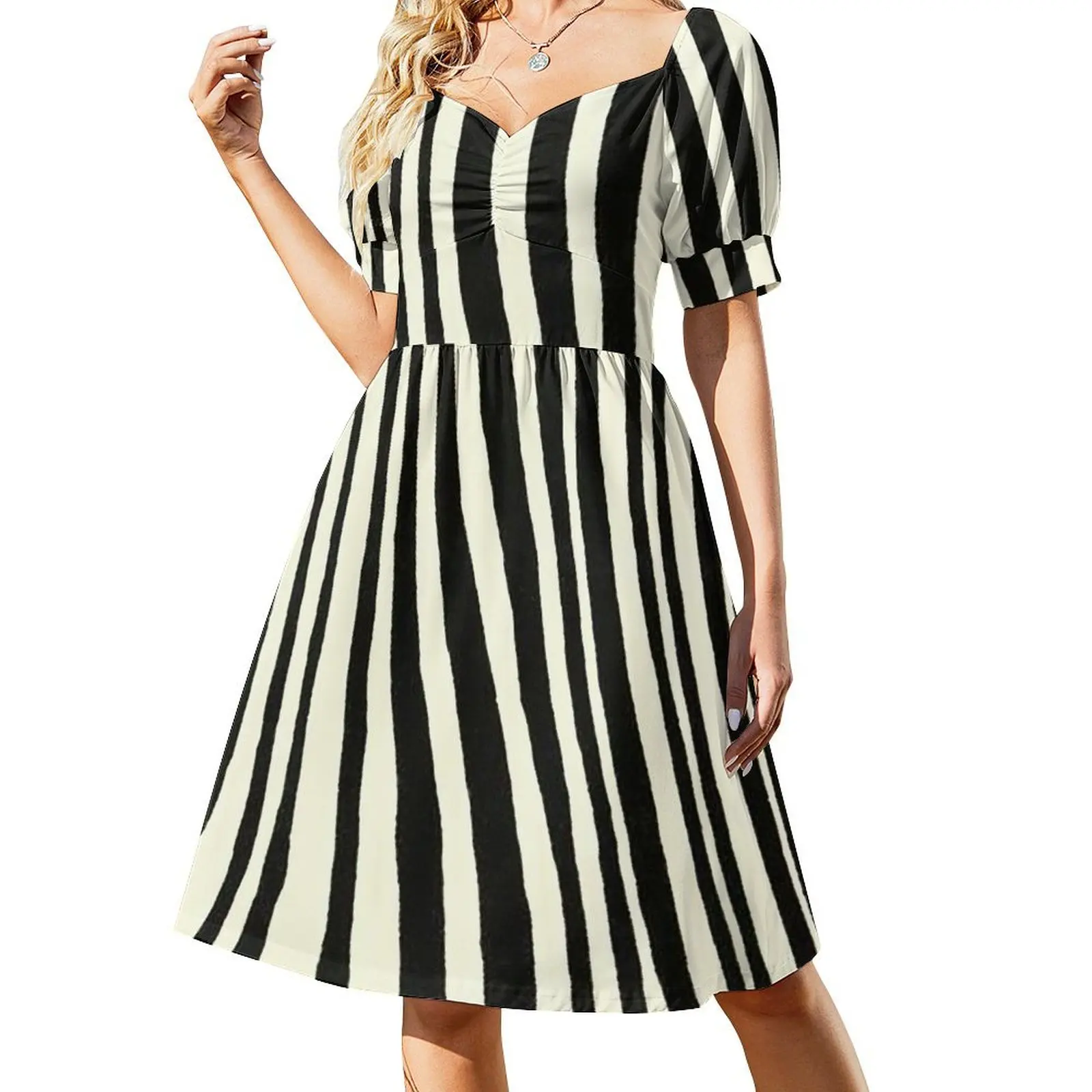 

Monochrome Scandinavian Zebra Stripes Pattern in Black & Beige Short Sleeved Dress dresses korean style Dress