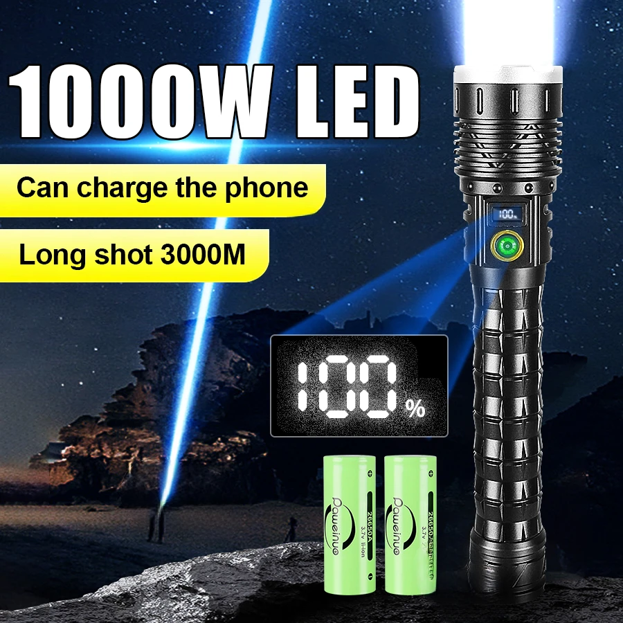 

1000W Super Bright LED Flashlight Waterproof Rechargeable Torch Powerful Flashlight 26650 Outdoor Work Light Camping Lantern