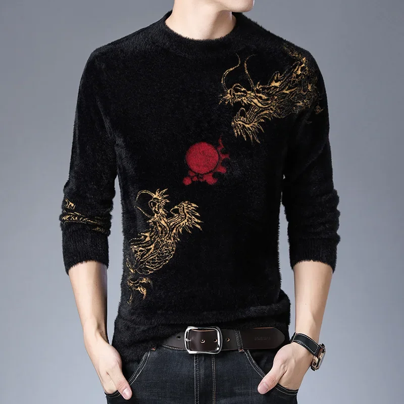 Chinese Style Crane Pattern Sweater Men Fashion Casual Pullover Winter Quality Velvet Soft Comfortable Knitted Luxury Pull Homme