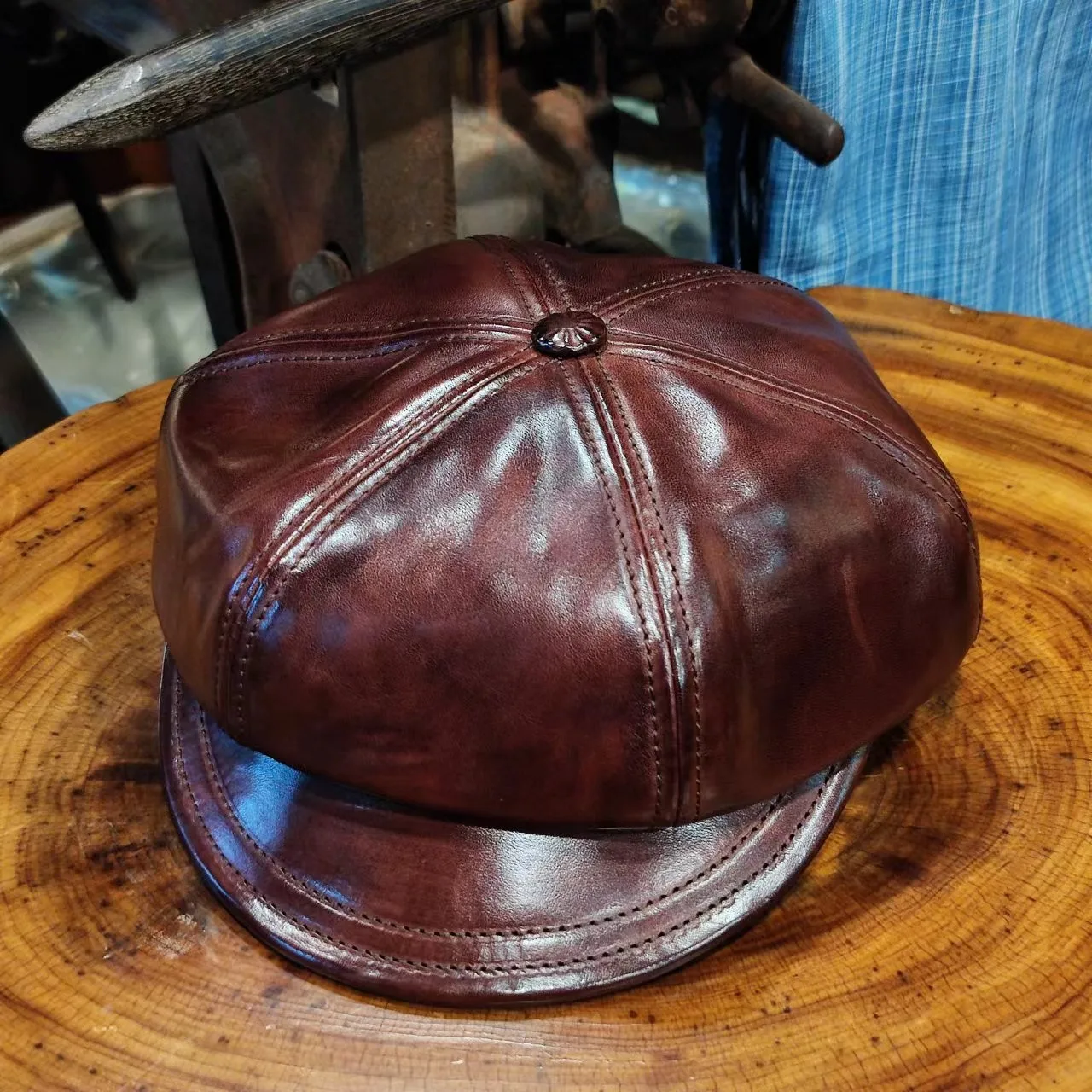 Handmade Leather Horse Leather Hat Hexagonal Cap Painter Cap Men's and Women's Peaked Cap