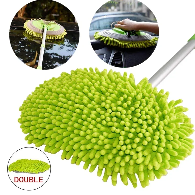 2 in 1 Car Wash Mop Mitt with Long Handle, Chenille Microfiber Car Wash Dust Brush Extension Pole 24-46In, Scratch Cleaning Tool