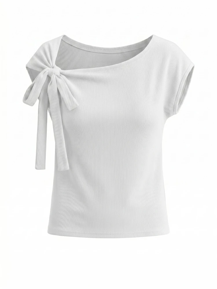 2026 Summer New Women's T-Shirt Fashion Short Sleeve Bow Detail Casual Versatile Tops for Women Korean Style Solid Sexy Tee