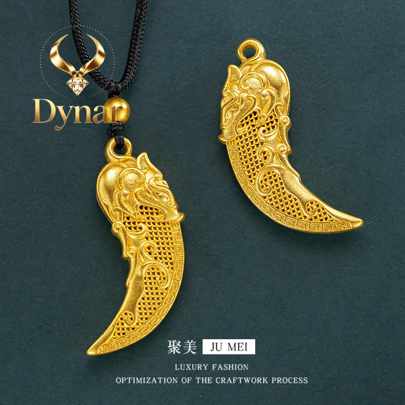 Dynar Jewelry  Luxury 24K 9999 Pure Gold real gold Men's and Women's Hollow Wolf Tooth Pendant Transfer Beads Black Rope Necklac