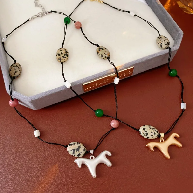 

Minar Funny Smooth Surface Matte Color Cartoon Horse Spotted Natural Stone Beads Pendant Necklaces for Women Rope Sweater Chain