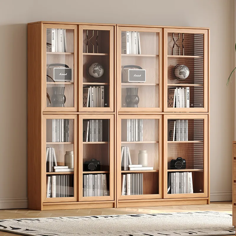 Solid wood oak bookcase sliding door with glass shelf simple modern home bedroom study bookshelf atmospheric people