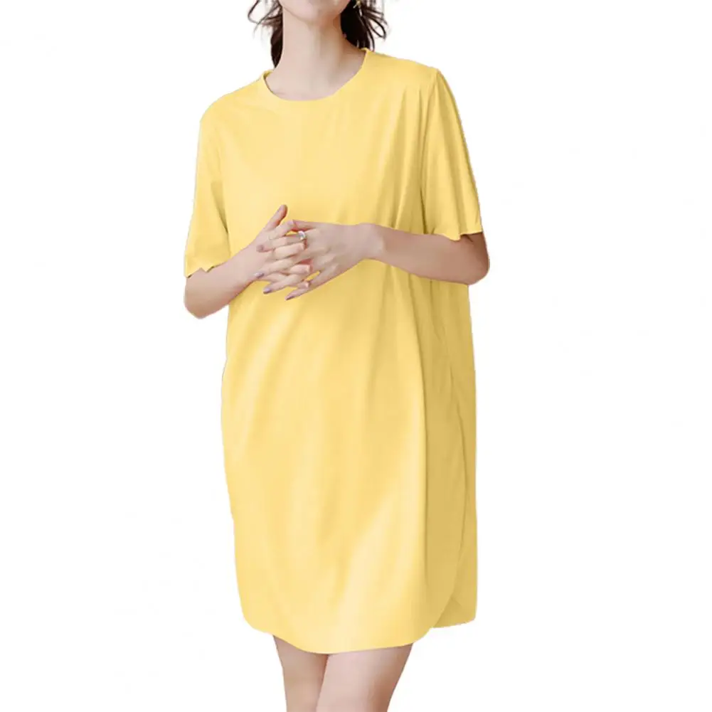 Comfortable Midi Dress Elegant Knee-length Nightdress for Women Soft Ice Silk Pajamas with Short Sleeves Comfortable for Summer