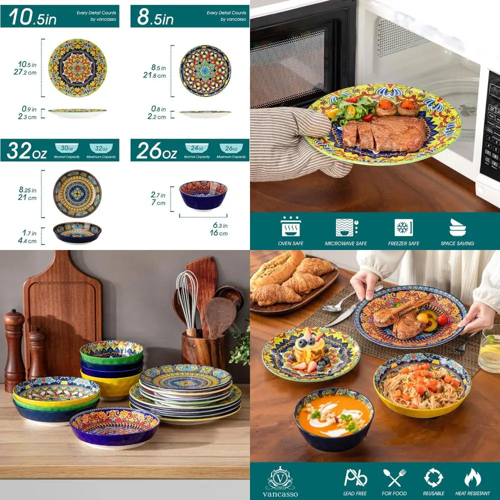 

Набор посуды в богемном стиле на 4 персоны: 16 предметов из фарфора (тарелки и миски), пригодные для мытья в посудомоечной машине и использования в микроволновой печи
