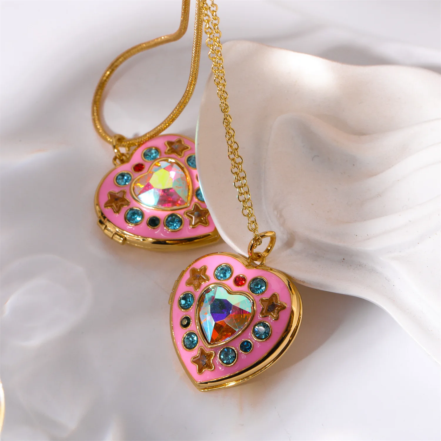Pink Drip Glaze Heart-shaped Star Photo Locket Necklace Colorful Crystal Openable Pendant Necklaces Women Memorial Jewelry Gifts