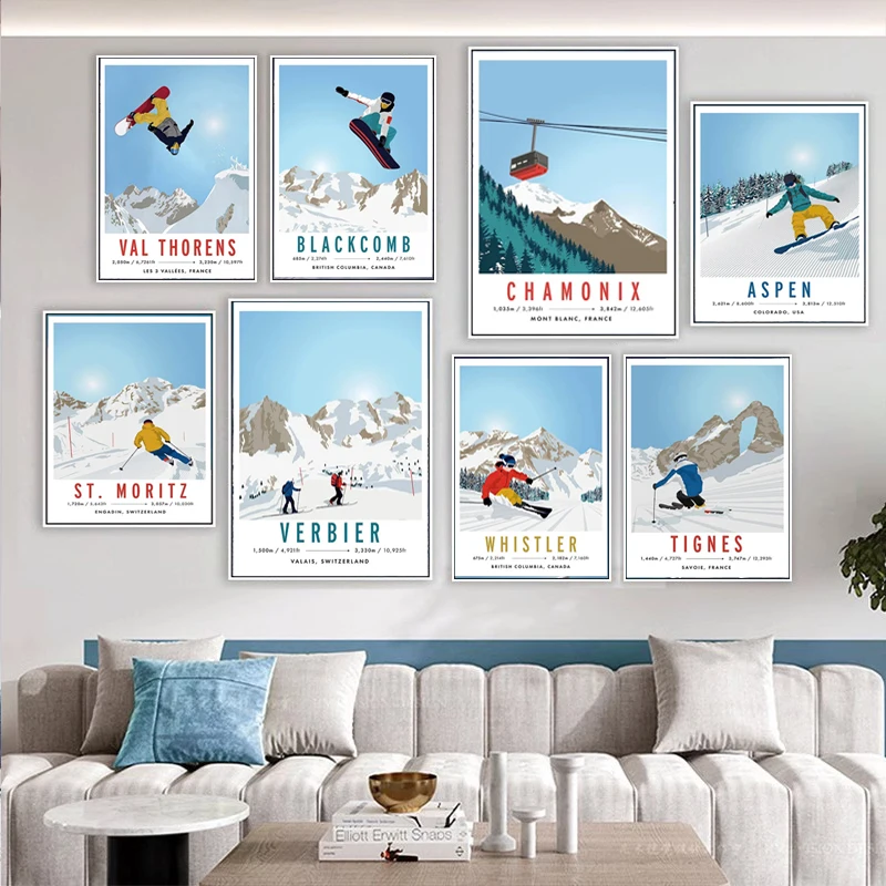 Tignes Aspen Snowboard Ski France Canada Wall Art Canvas Painting Nordic Poster And Print Pictures For Living Room Home Decor