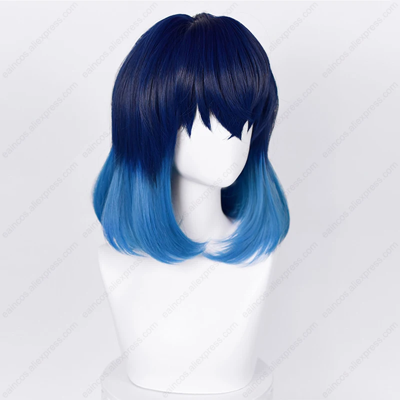 Anime Hashibira Inosuke Cosplay Pruik 40Cm Blauw Gemengde Kleur Korte Pruiken Hittebestendig Synthetisch Haar