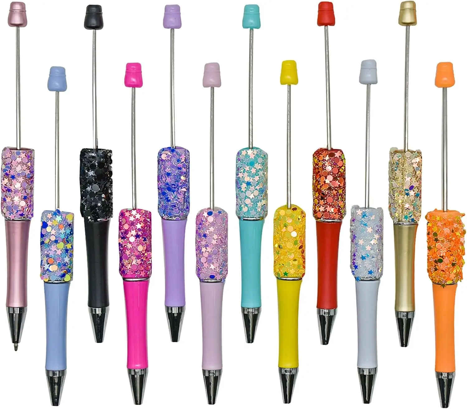 Maydahui 12 PCS Glitter Beadable Ballpoint Pens Retractable Sequin Bead Pen Plastic DIY Handmade Fancy Pens Cool Shaft Beaded Pen Sun Moon Star Style Black Ink for DIY Making School Party Office