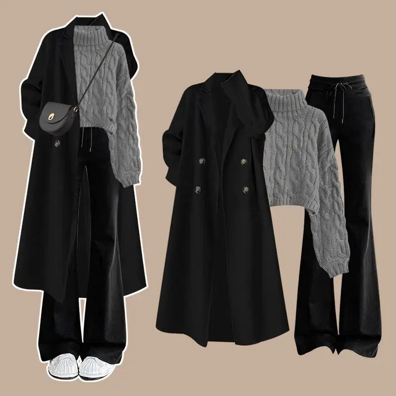 

2026 Korean Style Long Coat, High Neck Knitted Sweater Casual Pants Three Piece Set Elegant Women's Pants Set