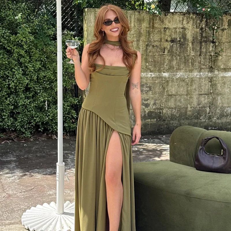 

Женское модное зеленое платье макси нестандартной формы, шикарное длинное платье с открытыми плечами и открытой талией, 2026, вечернее клубное вечернее платье