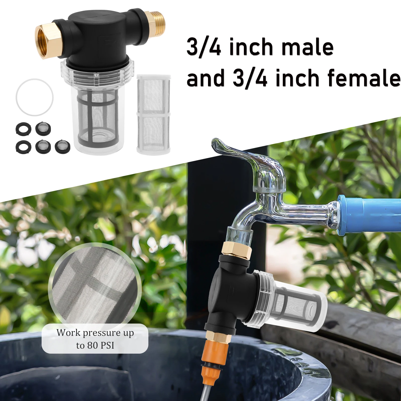 

3/4 inch Garden Hose Filter Sediment Filter Attachment for Pressure Washer Inlet Water Filter with 40 Mesh and 100 Mesh Screen