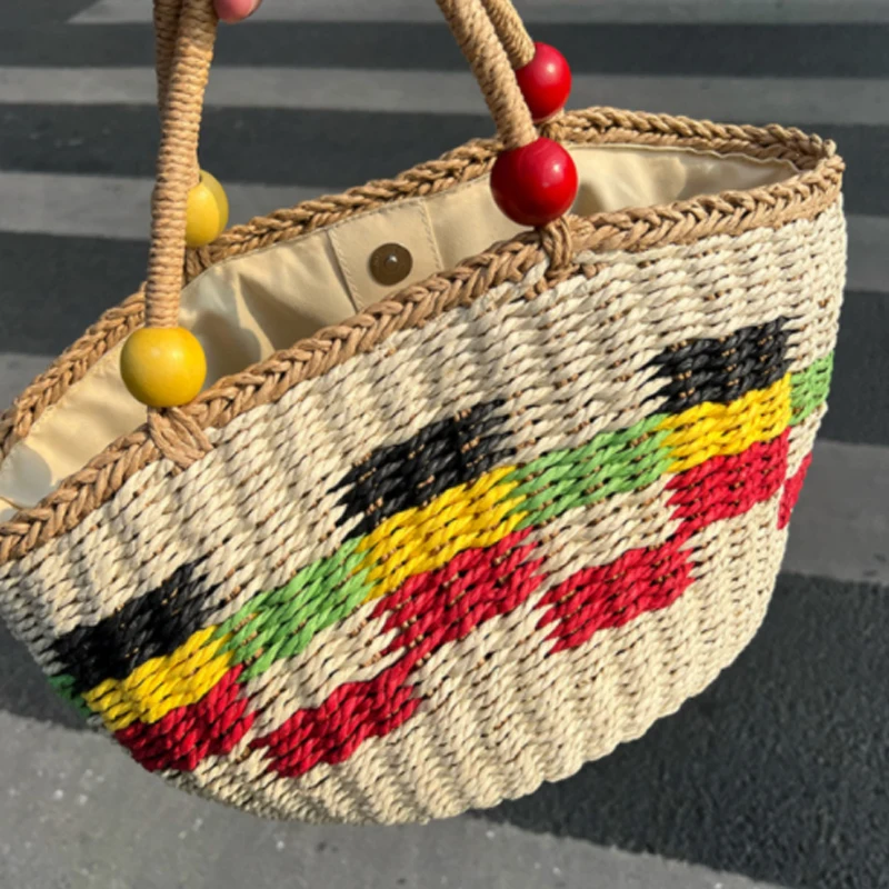 

Fashion plaid beaded straw woven bag paper rope woven women's bag new leisure beach bag holiday bag