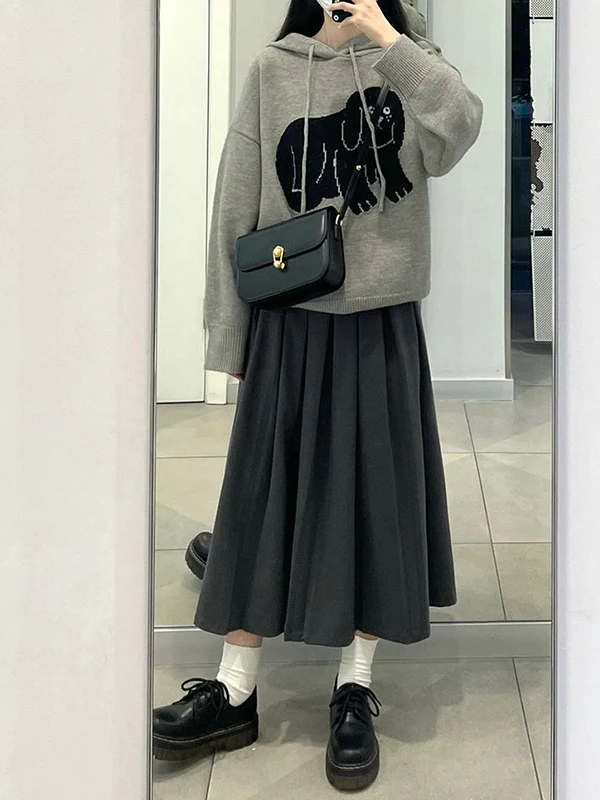 

plus Size 300 Pou High Waist Pleated Midi Skirt Women's Autumn Winter A-Line Skirt Trendy Polyester Fiber Skirts