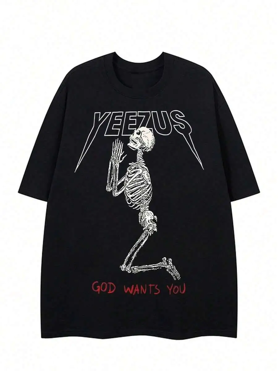 Plus Size Men's, Skeleton White Minimalist Print Funny Graphic Tee, Soft Short Sleeve Oversized Pattern 100% Cotton Trendy Y2K