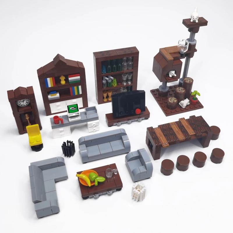 MOC-Bausteine, Möbel und Dekorationen für Wohnzimmer und Schlafzimmer – Bett, Bücherregal, Sofa, Computertisch, kleine Pflanzgefäße, Spielzeugmodelle. – Detail 7