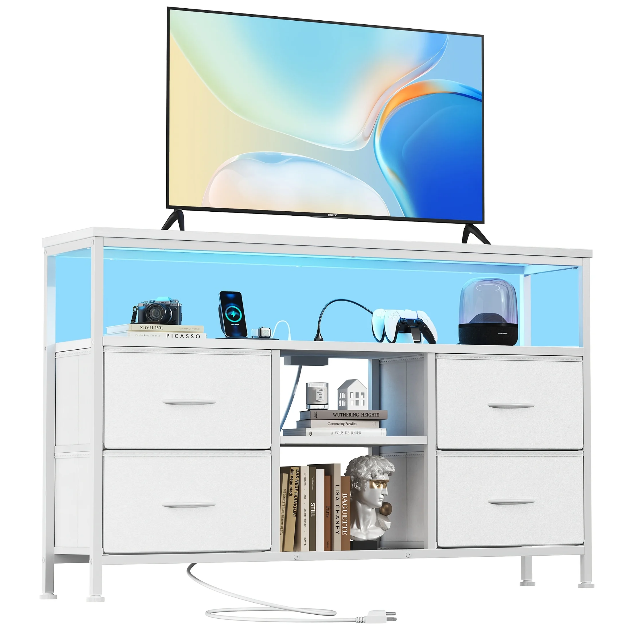 TV Stand Dresser with 4 Drawers, TV Stands Entertainment Cabinet with LED Lights Power Sockets, Adjustable Feet Open Shelves Media Console for 50 Inch TV, Living Room Furniture