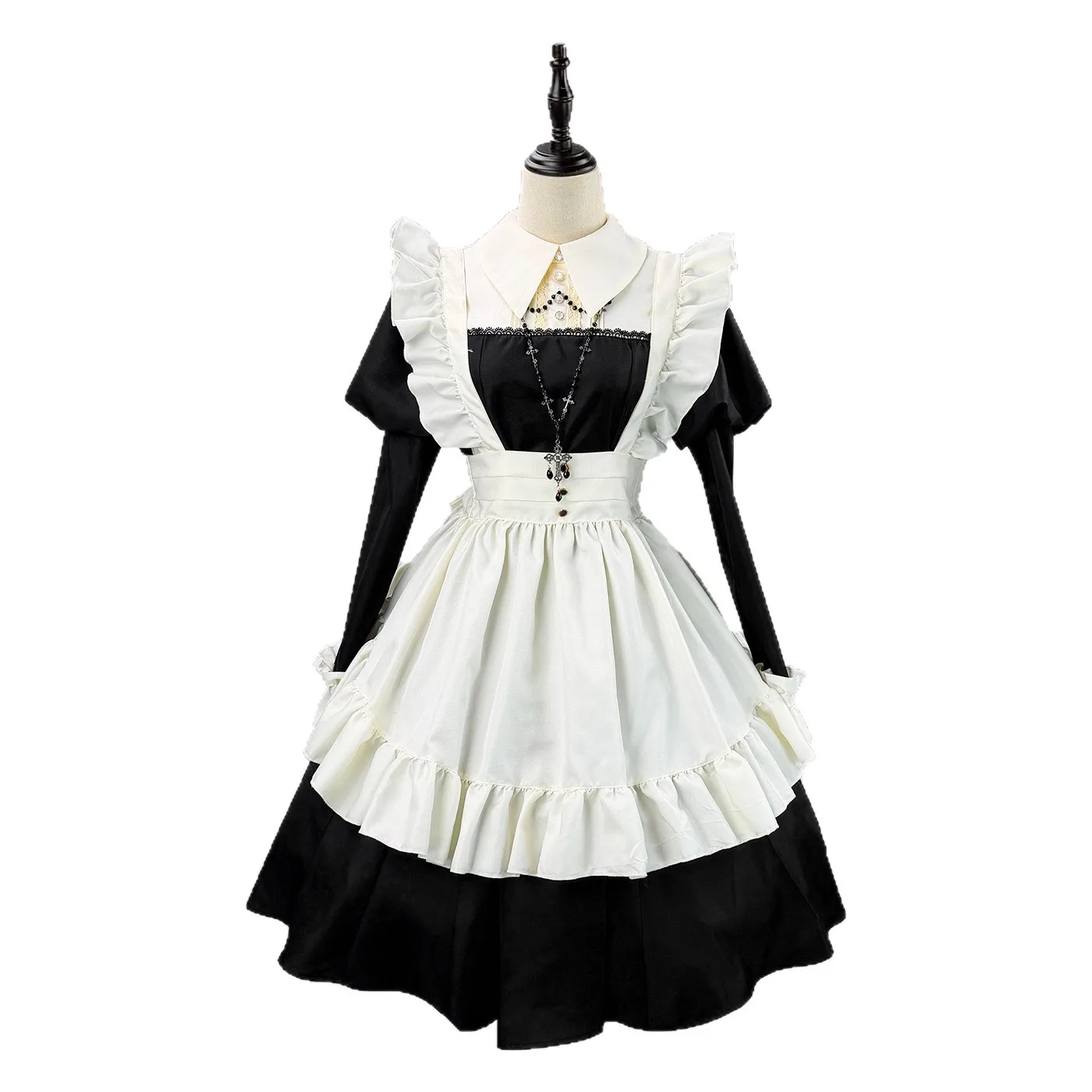 

Maid Lolita Dress Long Puff Sleeve Ruffle Apron Cosplay Costume with Headwear Theme Party Role Playing Outfits for Adult Women