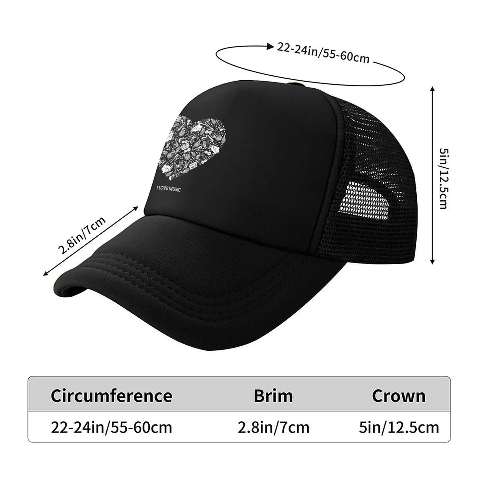 I Love Music, Musicians Gift. Baseball Cap Hat Luxury Brand Dropshipping Beach Sun Hat Mens Women's