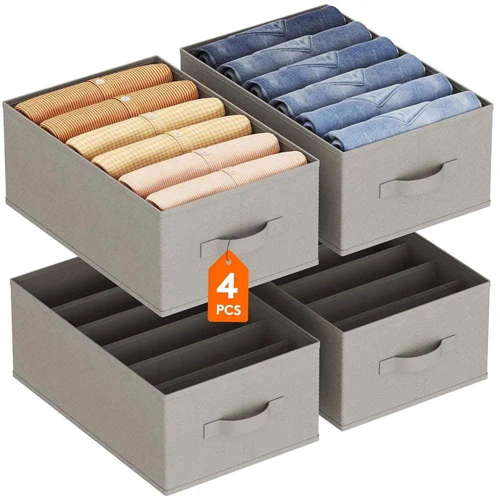 

Набор из 4 органайзеров для одежды, 6-секционные контейнеры для хранения джинсов с ручками и опорными планками, складные органайзеры для ящиков