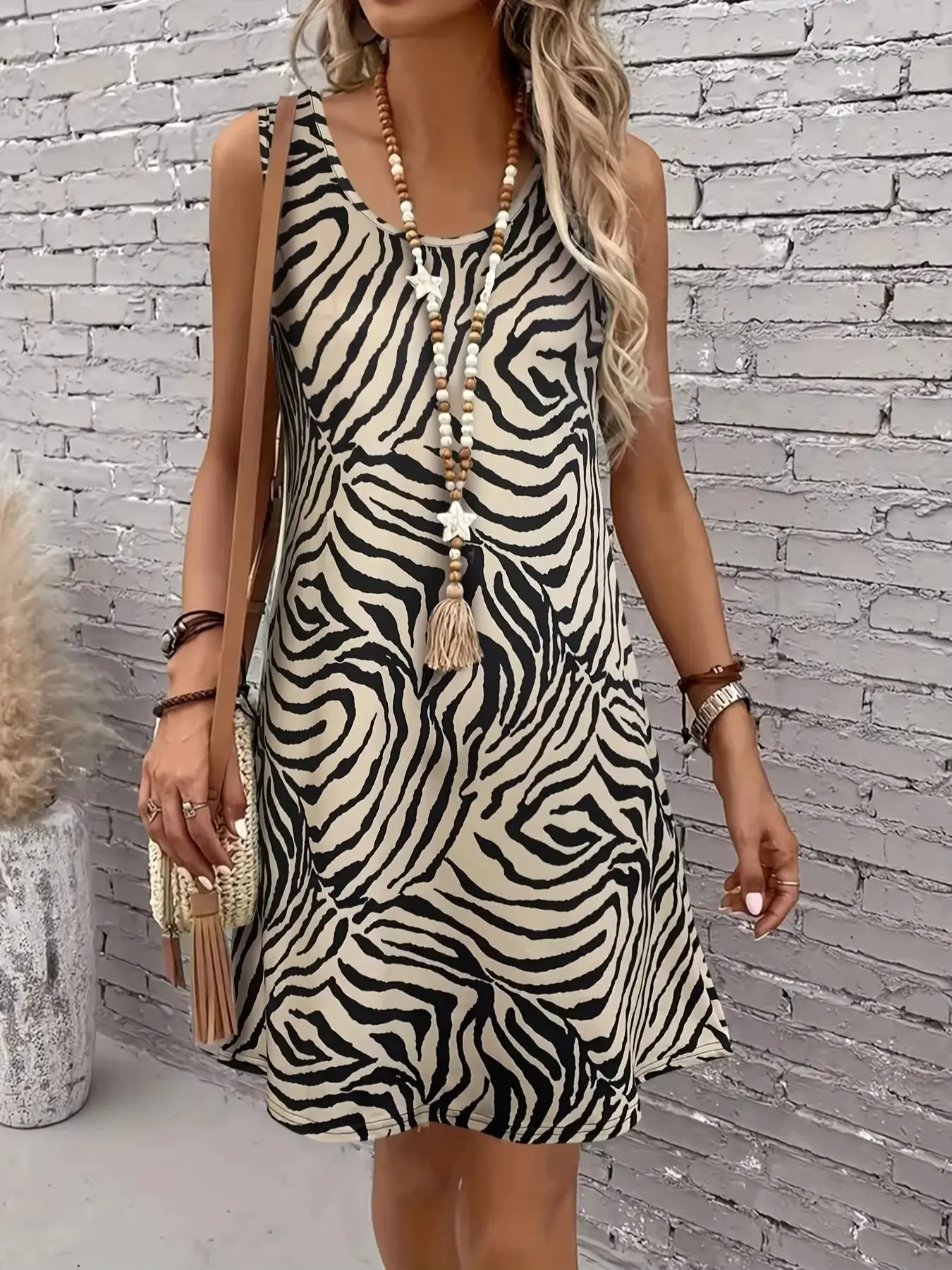 Damen-Trägerkleid mit Zebramuster, ärmellos, Rundhalsausschnitt, Sommer-Sommerkleid, lässiges Urlaubsoutfit, dehnbares Minikleid, Y2k-Kleidung, T-Shirts